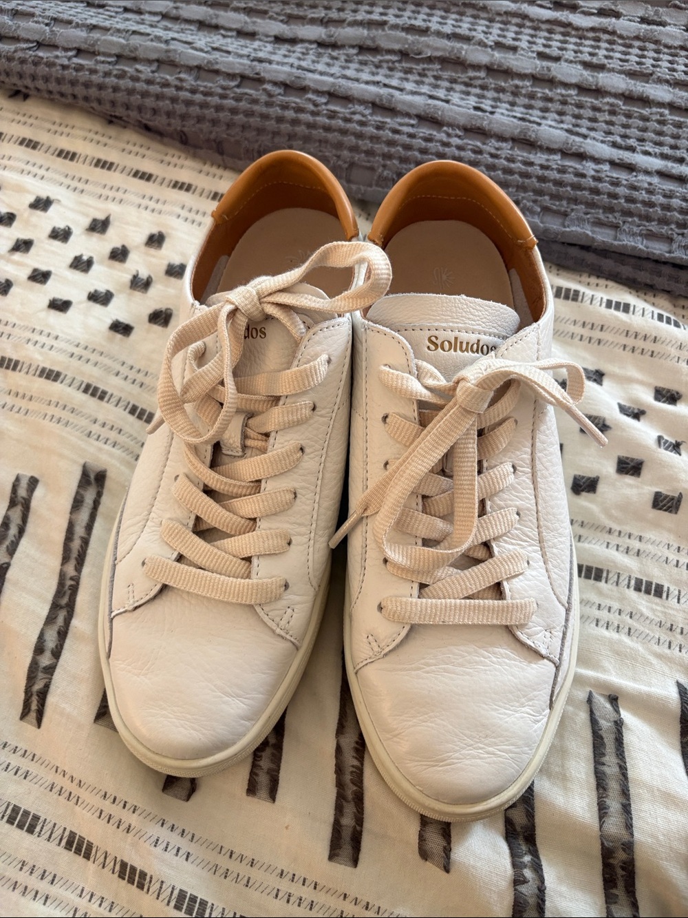 Soludos Ibiza Cream-White Leather Sneakers with Tan Collar